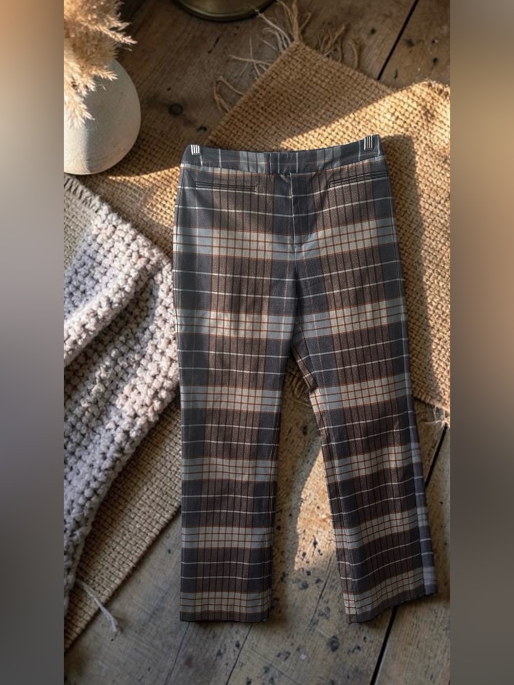 STAUD Blue Brown Plaid Straight Leg Trousers - Size Medium